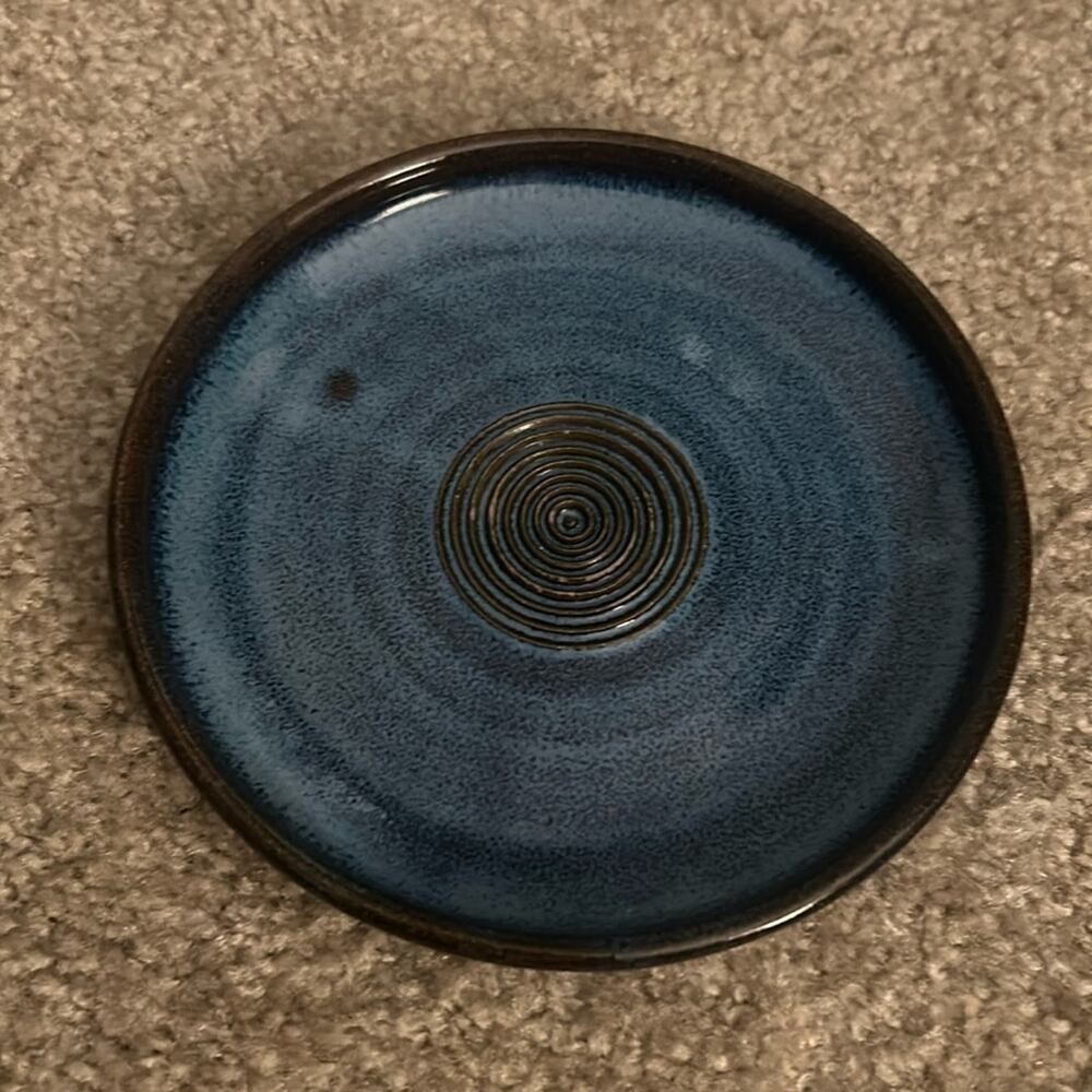 Garlic Grater Grating Dish Homemade Glazed Dark Blue Art Pottery